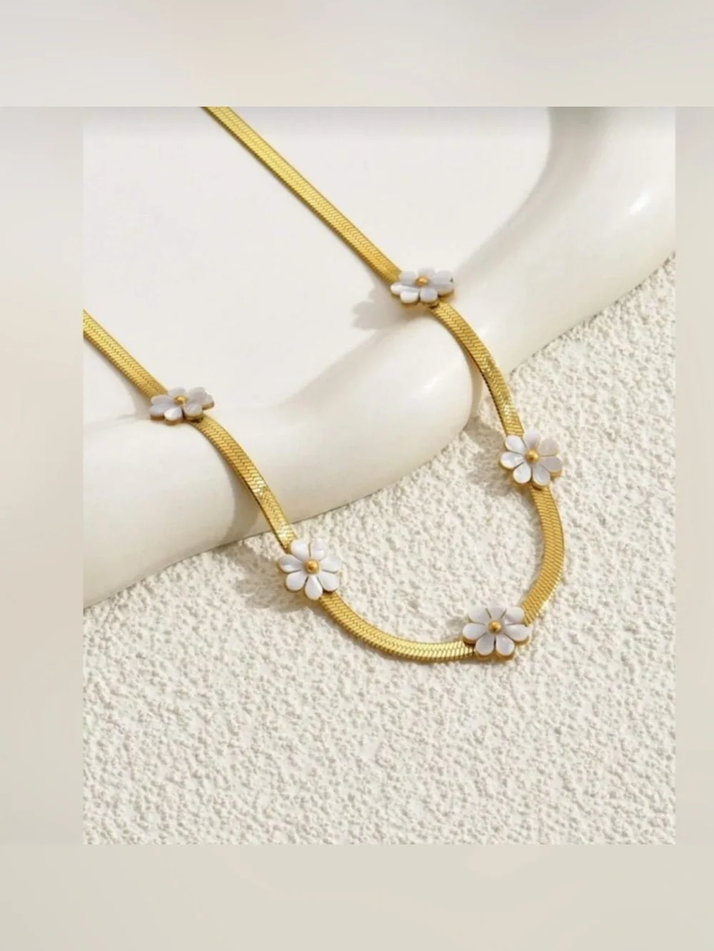 Gold Plated Stainless Steel Daisy Flower Necklace | White Enamel Floral Choker